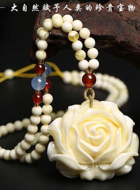 新中式白蜜蜡串珠吊坠男女水滴长毛衣链玫瑰花配饰挂件送妈妈旗袍