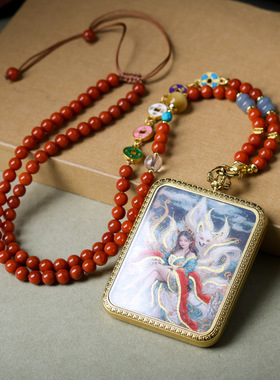 藏式新中式国风九尾狐唐卡玛瑙串珠项链轻奢高级感毛衣链配饰串珠