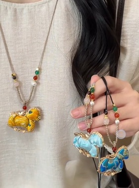 新中式宋锦小马串珠长款项链女国风复古高级感挂绳毛衣链配饰挂件