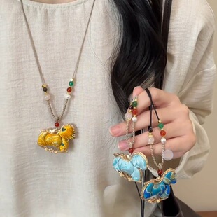 新中式宋锦小马串珠长款项链女国风复古高级感挂绳毛衣链配饰挂件