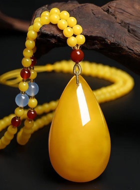 鸡油蜜蜡水滴平安扣吊坠长串珠毛衣链女旗袍新中式配饰气质挂件坠