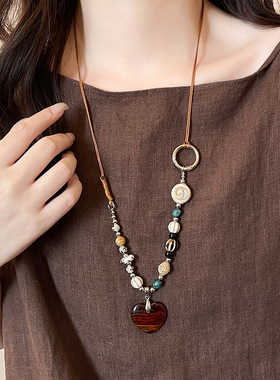 天然石咖色爱心项链串珠轻奢高级感新中式国风女项链唐装麻棉配饰