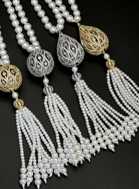 新中式国风旗袍串珠流苏珍珠长链镂空满钻锆石项链毛衣链复古简约