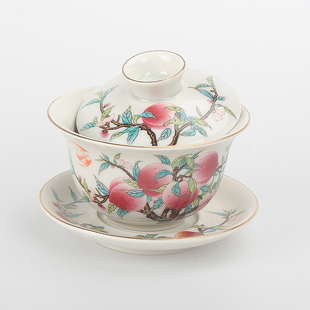 套装盖碗敬茶杯白瓷九桃五福三才碗仿古用乐青花敬茶碗珐琅彩托盘