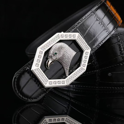 男士真皮腰带头层牛皮鳄鱼纹皮带个性八边形镶钻扣头简约商务裤带