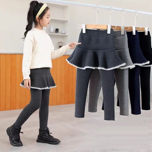 儿童假两件裙裤春秋款女童黑色舒适打底裤外穿冬季加绒加厚打底裤
