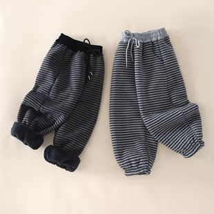儿童加绒条纹裤秋冬新款洋气时髦男女童宽松束脚裤宝宝休闲长裤子