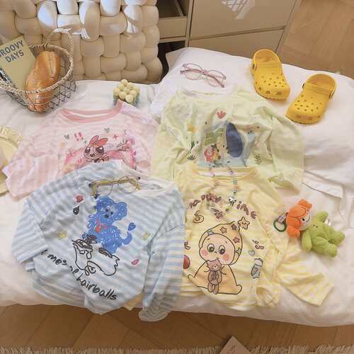 夏季儿童条纹防晒男女童T恤卡通