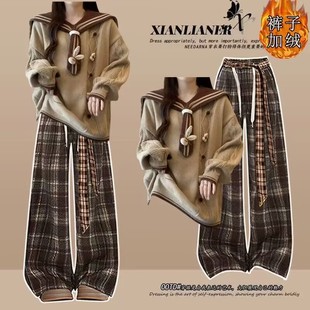 学院风甜美针织毛衣少女大童秋冬装初中学生时尚加绒裤两件套装潮