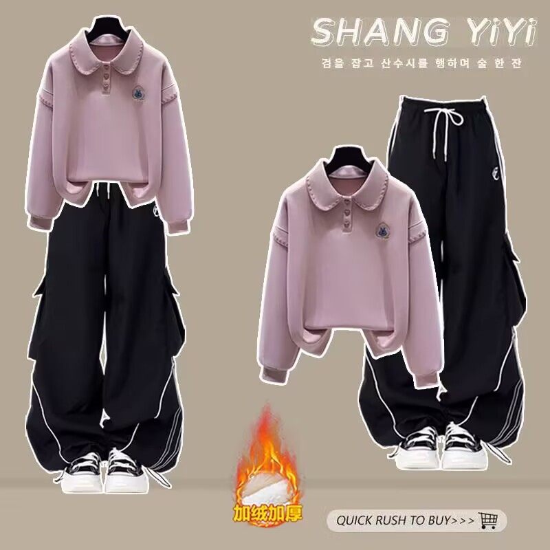 大童初中女生休闲运动套装高中学生少女学院风卫衣秋冬加绒两件套