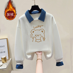 加绒保暖少女装polo领卫衣女秋冬装宽松韩版假两件上衣中学生外套