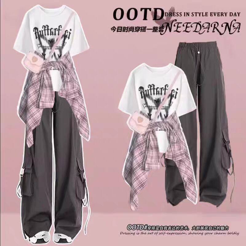 初中生时尚套装女春夏高中学生短袖t恤工装裤夏日大童穿搭三件套