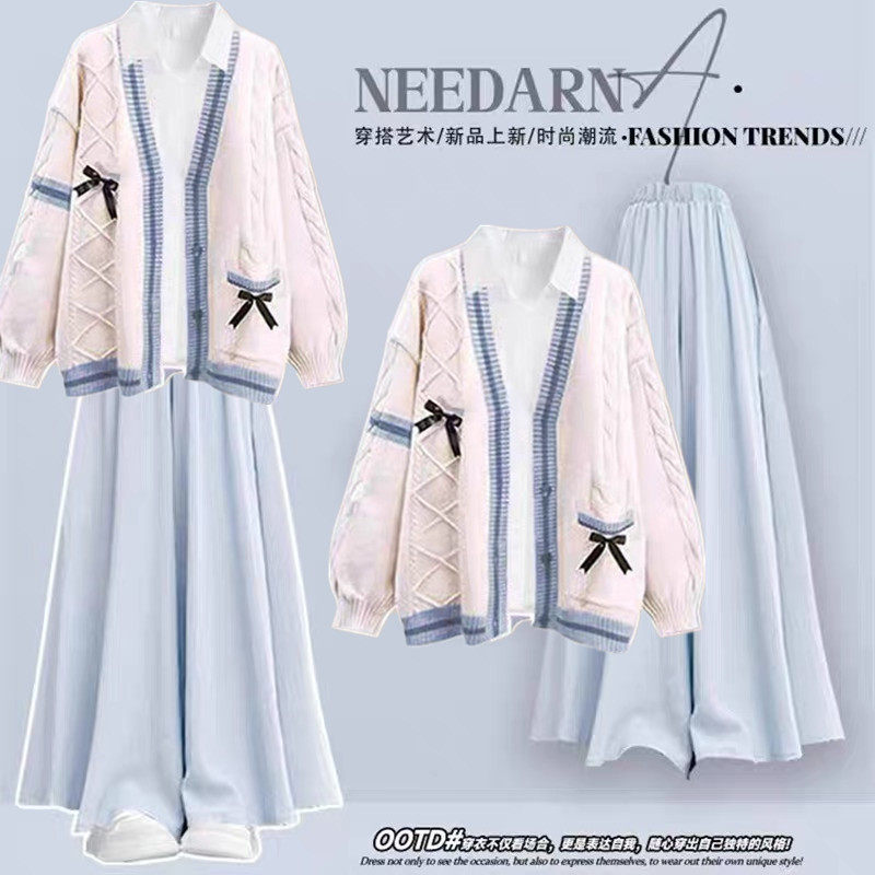 甜美少女童秋装针织开衫宽松阔腿裤套装大童学生洋气裤裙两件套潮,童装/婴儿装/亲子装,套装,淘宝优惠券,粉丝福利购,淘宝优惠卷