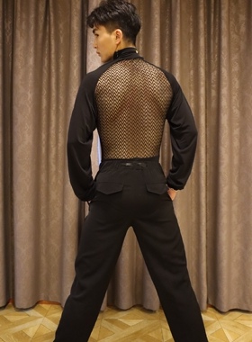 NF Dance宁方舞服拉丁舞男士小高领进口水晶麻长袖连体练功服#142