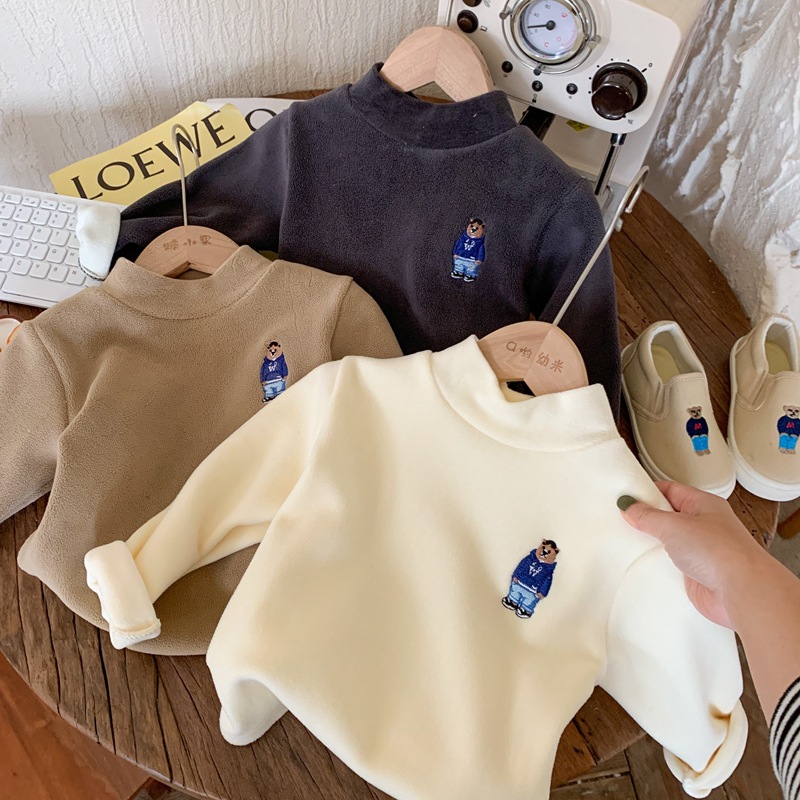 邦诚儿童冬季打底衫2025新款男女童小熊奥粒绒半高领套头上衣