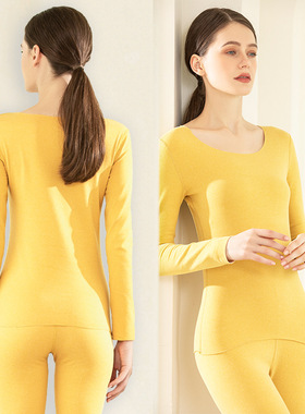黄色保暖内衣青年女性冬季双面德绒加厚棕色自发热浅蓝色磨毛圆领