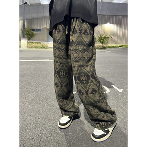 民族风提花裤子男情侣脏脏风针织休闲裤宽松阔腿直筒裤 D588/P55图片