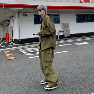 老钱风休闲套装情侣秋冬季大码宽松衬衫外套阔腿工装裤 TZ08/P85图片