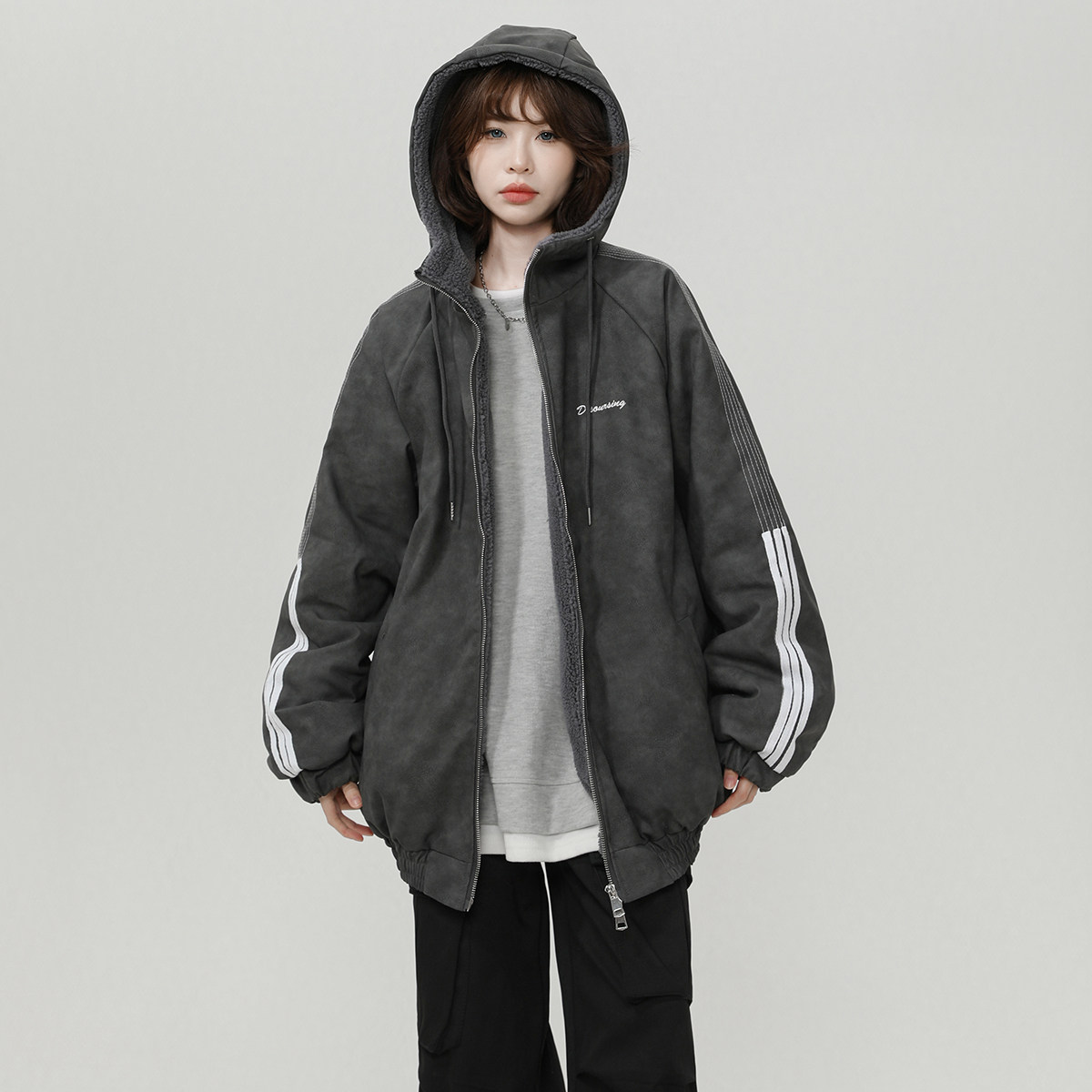 美式复古连帽皮衣羊羔绒棉服男冬三杠棉衣设计感夹棉外套M02/P118图片