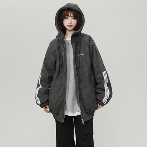 美式复古连帽皮衣羊羔绒棉服男冬三杠棉衣设计感夹棉外套M02/P118图片