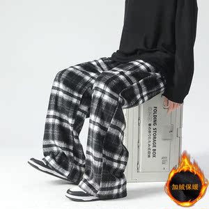 小香风毛呢阔腿裤情侣垂感直筒休闲格子长裤 加绒+10 D517/P45，男装卫衣，星座206（原A221）