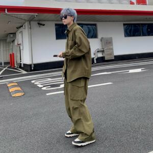 痞帅长袖套装衬衫宽松长袖衬衫长裤休闲套装上衣套装情侣TZ08/P85图片