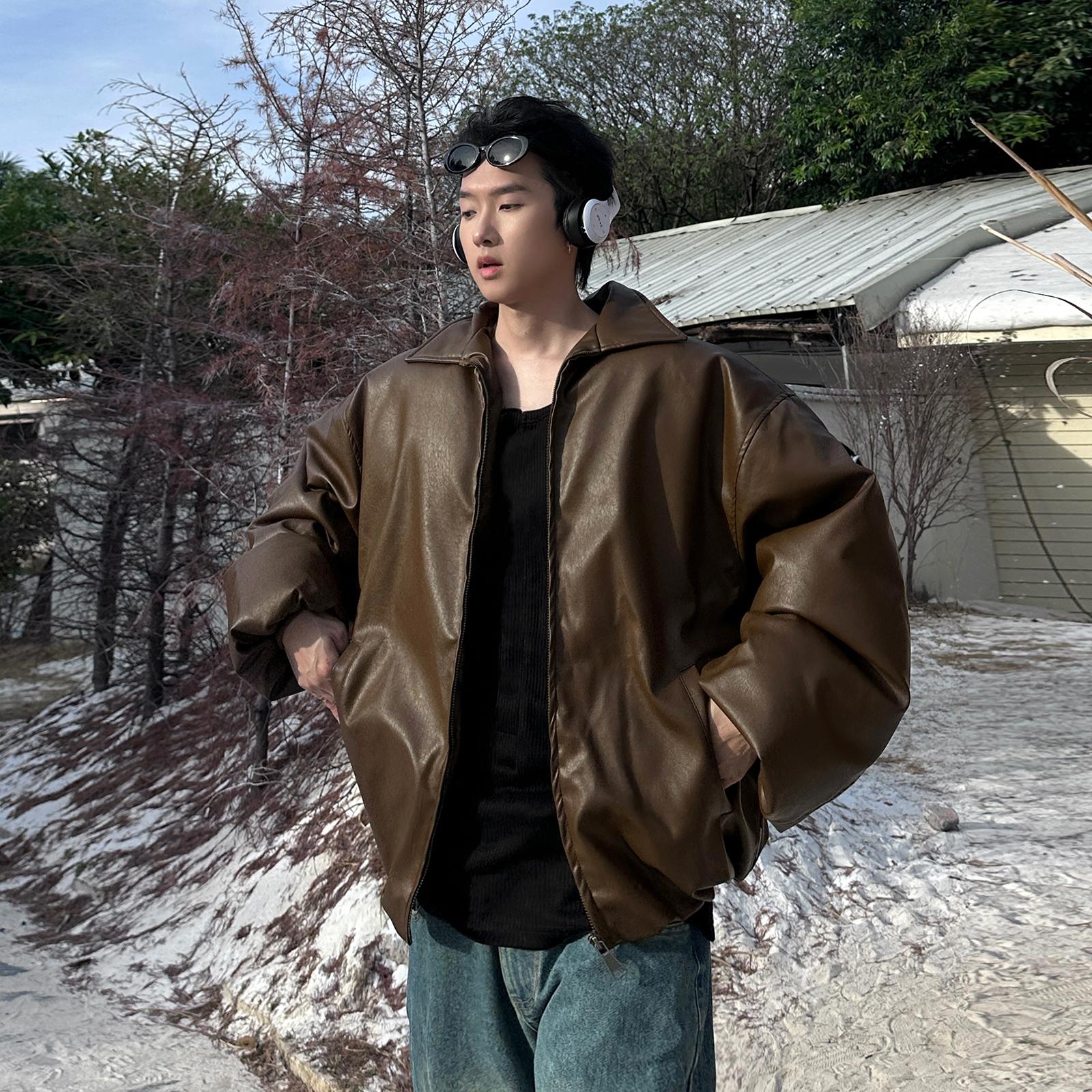 美式复古外套男冬棉服咖色美拉德皮衣加厚翻领夹克情侣 A230/P128图片