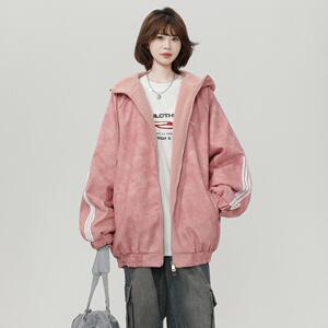 粉色美式连帽羊羔毛外套男加绒加厚棉服中性风三杠棉衣 M02/P118图片