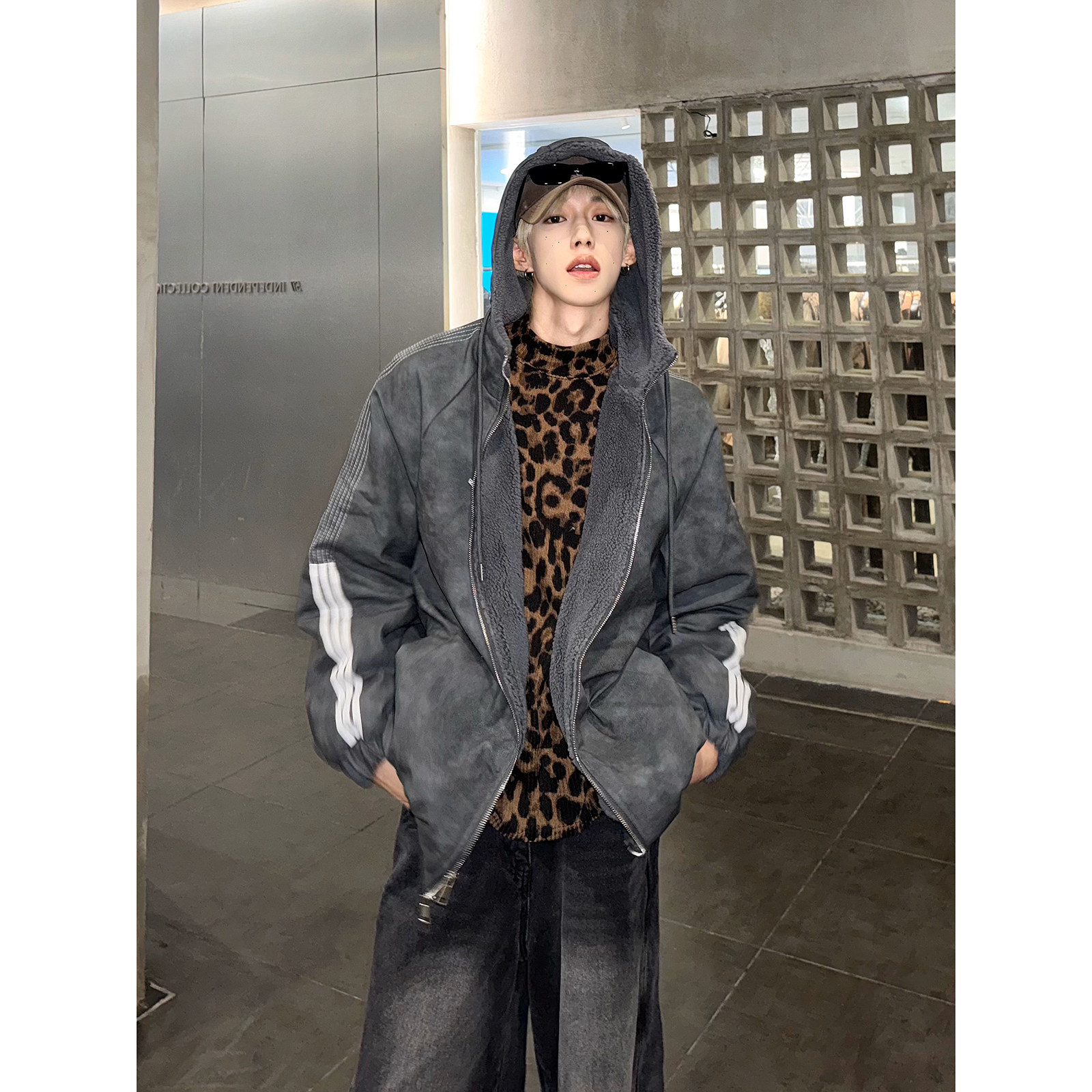 美式复古连帽皮衣羊羔绒棉服男冬三杠棉衣设计感夹棉外套M02/P118，男装皮衣，星座206（原A221）