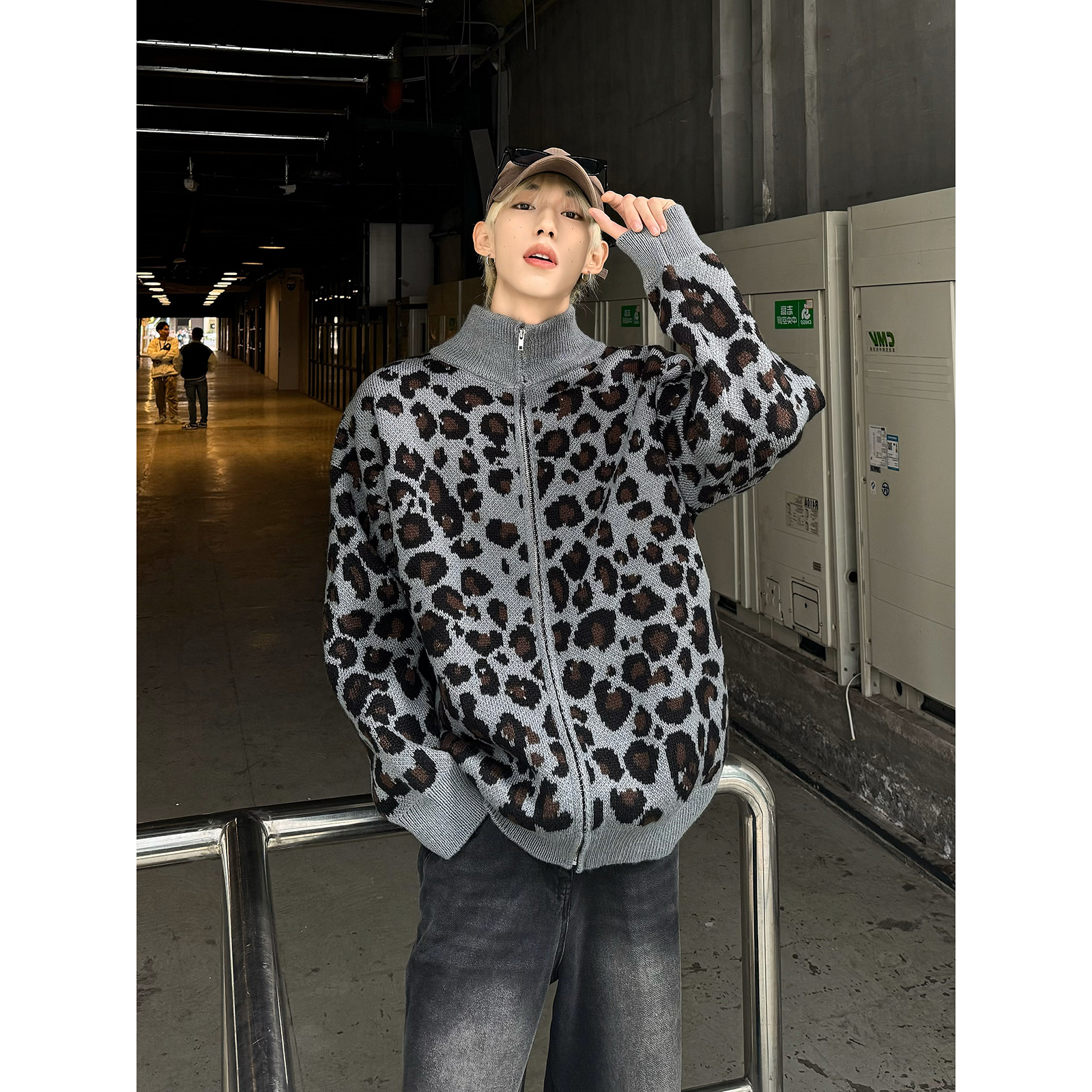 豹纹连帽开衫毛衣女宽松美式复古潮牌慵懒风针织衫外套M708/P75，男装针织衫/毛衣，星座206（原A221）