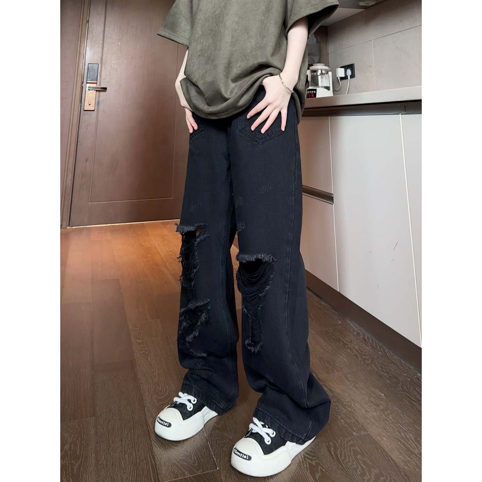 夏季休闲美式反转口袋情侣做旧宽松破洞阔腿拖地裤牛仔裤D558/P65,男装牛仔裤,星座206（原A221）