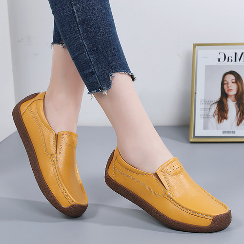 牛皮软底豆豆鞋女舒适平底妈妈鞋