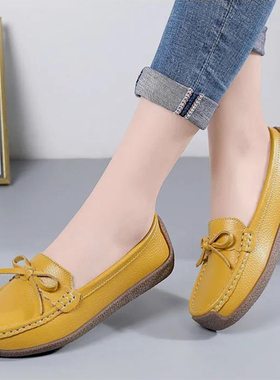 真皮豆豆鞋女春季百搭懒人鞋牛皮软底平跟妈妈奶奶鞋紫色粉色棕色