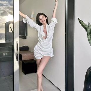 防晒罩衫 简约白色御姐风性感收腰长袖 比基尼 三点式 泳衣女2025新款