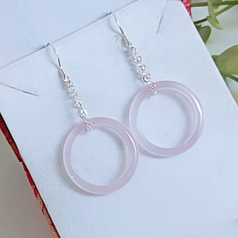 甜美粉色甜甜圈耳环女复古宫廷圈圈耳坠简约流苏玉石耳饰四季款