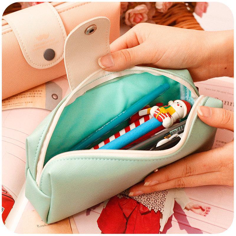 간단한 작은 신선한 단색 가죽 연필 가방 대용량 중학교 소녀 한국어 복고풍 연필 케이스 편지지 펜 가방