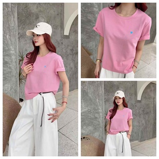新款 衫 爱心绣花时尚 T恤欧洲站百搭休闲半袖 圆领女上衣 短袖 女装