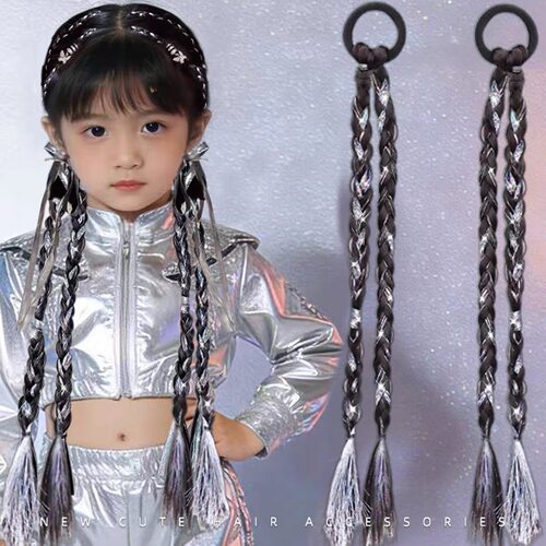 儿童街舞表演头饰假发辫子银镭射丝编发马尾发饰发圈拳击辫麻花辫