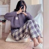 日系格子加厚保暖可外穿家居服套装 日本软绵绵睡衣女秋冬季 长袖
