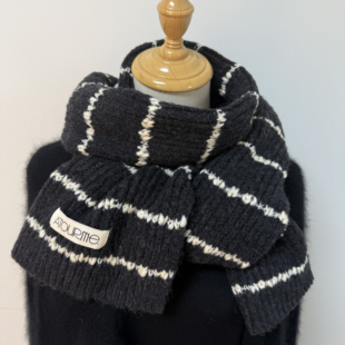 含羊毛纯色针织围巾 显白绿色条纹羊毛混纺可爱学生护颈围脖 韩版