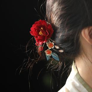 古典原创新中式红色山茶花发夹女古风汉服头饰新娘结婚配饰侧边夹