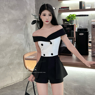 泰国潮牌黑白撞色短衬衫小香风名媛气质修身一字肩上衣女2025新款