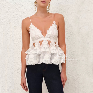 法式 2026 性感V领镂空蕾丝吊带上衣背心女荷叶边辣妹气质露背小衫