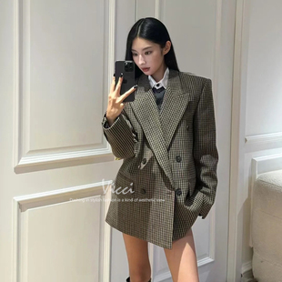 气质英伦风复古格纹西装 2025早秋新款 女休闲直角垫肩双排扣外套