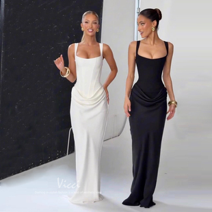 欧美辣妹法式 性感方领鱼骨绑带收腰显瘦吊带连衣裙高级感礼服长裙