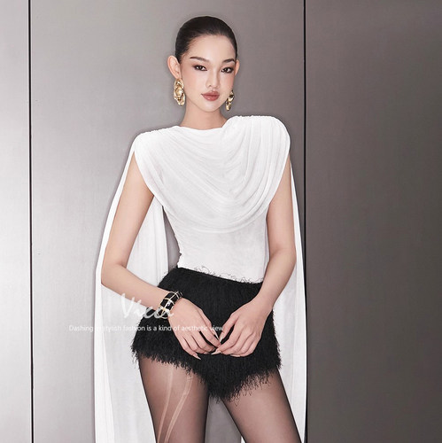 气质女神设计感飘带无袖褶皱荡领修身上衣酷飒气场显瘦T恤2026女