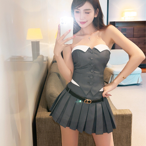 学院派灰色抹胸单排扣修身背心上衣百褶裙短裙jk减龄小个子套装女