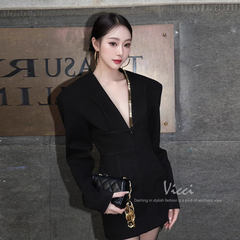 易梦玲同款性感V领钉珠连衣裙廓形修身收腰西装裙女秋冬2024新款