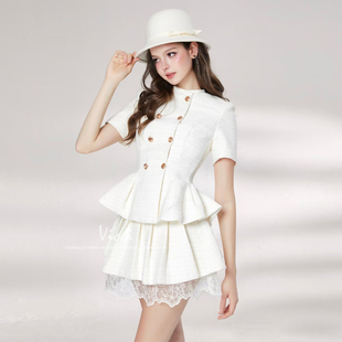 财阀千金贵气小香风套装女双排扣伞状下摆收腰上衣蕾丝拼接百褶裙