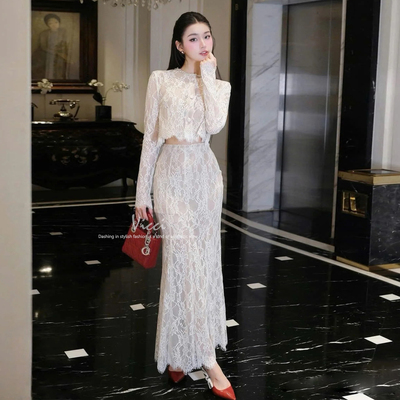 白色蕾丝透视钻饰开衫长袖上衣鱼尾半身长裙法式小香风仙气套装女
